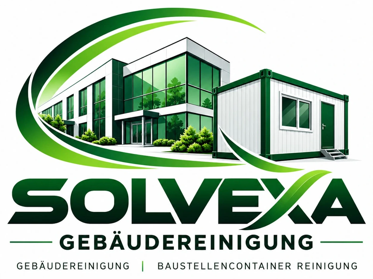 Offizielles SOLVEXA Gebäudereinigung Logo mit grünem Gebäude, Baustellencontainer und grünen Bögen